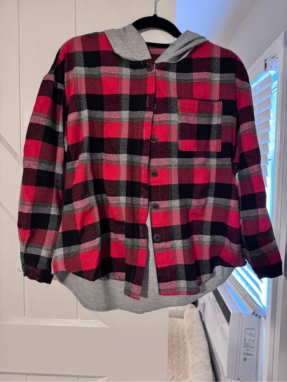 SHEIN Red and Black Plaid Hooded Button-Up